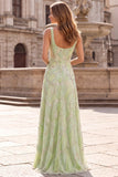Square Neck Sparkly A Line Sage Green Maxi Prom Dress