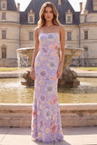 Mermaid Floral Purple Spaghetti Straps Maxi Prom Dress