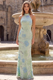 Halter Mermaid Sparkly Floral Sage Green Maxi Prom Dress