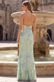 Halter Mermaid Sparkly Floral Sage Green Maxi Prom Dress