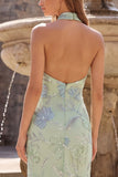 Halter Mermaid Sparkly Floral Sage Green Maxi Prom Dress