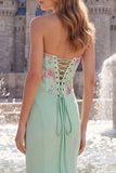 Mermaid Floral Strapless Sparkly Sage Green Maxi Prom Dress