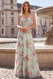 Corset A Line Sequins Floral Sage Green Thick Straps Maxi Prom Dress