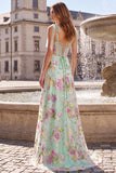Corset A Line Sequins Floral Sage Green Thick Straps Maxi Prom Dress