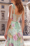 Corset A Line Sequins Floral Sage Green Thick Straps Maxi Prom Dress