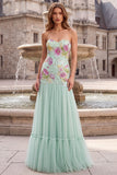 Strapless Floral A Line Sequins Sage Green Tulle Maxi Prom Dress