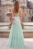 Strapless Floral A Line Sequins Sage Green Tulle Maxi Prom Dress