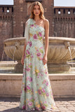 One Shoulder A Line Floral Sequins Sage Green Maxi Prom Dress
