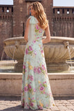 One Shoulder A Line Floral Sequins Sage Green Maxi Prom Dress