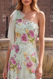 One Shoulder A Line Floral Sequins Sage Green Maxi Prom Dress