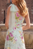 One Shoulder A Line Floral Sequins Sage Green Maxi Prom Dress