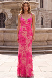 Pink Mermaid Floral Beaded Spaghetti Straps Maxi Prom Dress