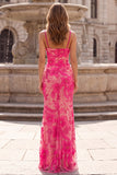 Pink Mermaid Floral Beaded Spaghetti Straps Maxi Prom Dress