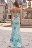 Strapless Mermaid Floral Beaded Mint Green Maxi Prom Dress