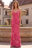 Mermaid Pink V-Neck Floral Beaded Maxi Prom Dress