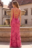 Mermaid Pink V-Neck Floral Beaded Maxi Prom Dress