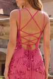 Mermaid Pink V-Neck Floral Beaded Maxi Prom Dress