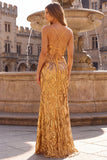 Sparkly Mermaid Spaghetti Straps Gold Maxi Prom Dress