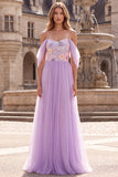 Floral A-Line Tulle Lilac Cold Shoulder Long Prom Dress