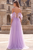 Floral A-Line Tulle Lilac Cold Shoulder Long Prom Dress