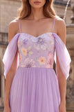 Floral A-Line Tulle Lilac Cold Shoulder Long Prom Dress