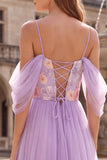 Floral A-Line Tulle Lilac Cold Shoulder Long Prom Dress