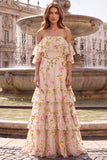 Floral Off The Shoulder A-Line Tiered Champagne Long Prom Dress with Ruffles