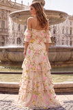 Floral Off The Shoulder A-Line Tiered Champagne Long Prom Dress with Ruffles