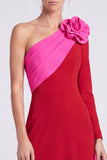 One Shoulder A Line Fuchsia and Red Maxi Formal Dress