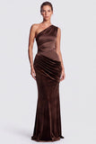 Satin One Shoulder Mermaid Brown Maxi Dress