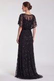Sequins Sky Blue Sheath Maxi Formal Dress With Flutter Sleeves