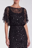Sequins Sky Blue Sheath Maxi Formal Dress With Flutter Sleeves
