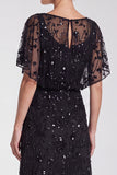 Sequins Sky Blue Sheath Maxi Formal Dress With Flutter Sleeves