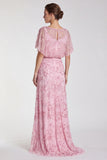 Sequins Sky Blue Sheath Maxi Formal Dress With Flutter Sleeves