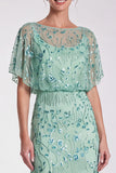 Sequins Sky Blue Sheath Maxi Formal Dress With Flutter Sleeves