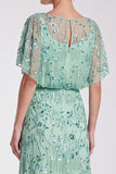 Sequins Sky Blue Sheath Maxi Formal Dress With Flutter Sleeves