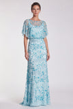 Sequins Sky Blue Sheath Maxi Formal Dress With Flutter Sleeves
