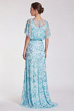 Sequins Sky Blue Sheath Maxi Formal Dress With Flutter Sleeves