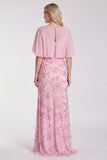 Sequins Pink Sheath Flutter Sleeve Chiffon Maxi Formal Dress