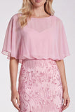Sequins Pink Sheath Flutter Sleeve Chiffon Maxi Formal Dress