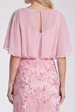 Sequins Pink Sheath Flutter Sleeve Chiffon Maxi Formal Dress
