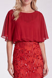 Sequins Pink Sheath Flutter Sleeve Chiffon Maxi Formal Dress