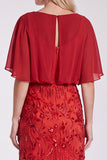 Sequins Pink Sheath Flutter Sleeve Chiffon Maxi Formal Dress