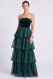 Strapless Dark Green Tiered A line Maxi Formal Dress