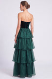 Strapless Dark Green Tiered A line Maxi Formal Dress