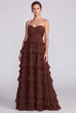 Strapless A line Tiered Brown Maxi Formal Dress