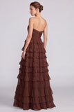 Strapless A line Tiered Brown Maxi Formal Dress