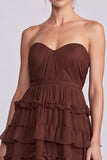 Strapless A line Tiered Brown Maxi Formal Dress