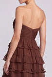 Strapless A line Tiered Brown Maxi Formal Dress