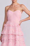 Strapless A line Tiered Brown Maxi Formal Dress